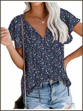 Boho Floral V-Neck Peasant Blouse Flutter Sleeve Chiffon Top